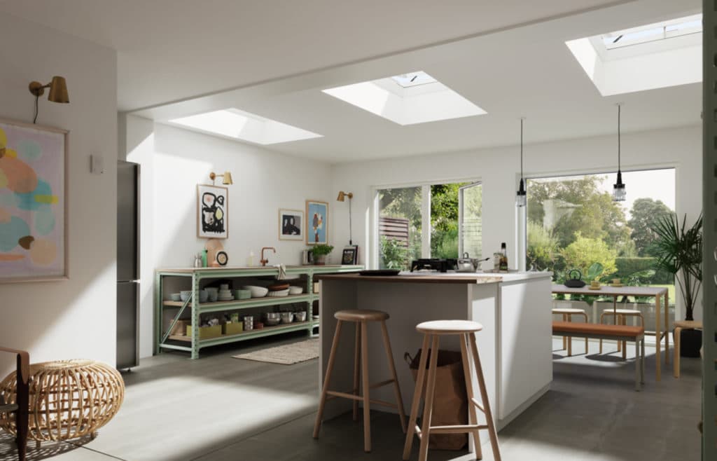 Flate tak takvindu dagslys stue kjøkken skandinavisk interiør Neumann Velux